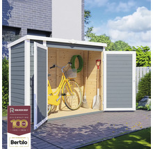 Trädgårdsskjul med öppna dörrar och trädgårdsredskap