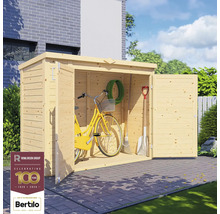 Öppet trädgårdsförråd i trä med cykel, trädgårdsslang, kvast och spade