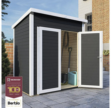 Trädgårdsskjul med dubbeldörr och trädgårdsredskap