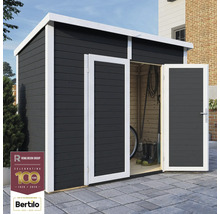 Trädgårdsskjul med dubbeldörr, trästruktur och Rowlinson Group Logo