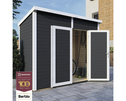 Trädgårdsskjul med dubbeldörr, trästruktur och Rowlinson Group Logo