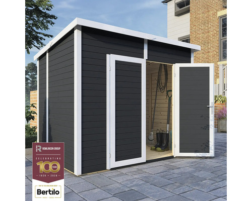 Trädgårdsskjul med öppna dubbeldörrar för förvaring av trädgårdsredskap