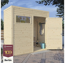 Trädgårdshus i trä med fönster och öppen dörr