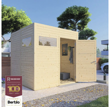 Trädgårdshus i trä med fönster och öppen dubbeldörr