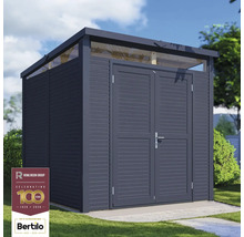 Trädgårdsskåp i trä med dubbeldörr på gräsmatta