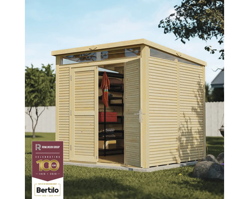 Trädgårdshus i trä med dubbeldörr och takfönster för trädgårdsredskap och möbler