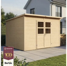 Trädgårdshus i trä med dubbeldörr och platt tak