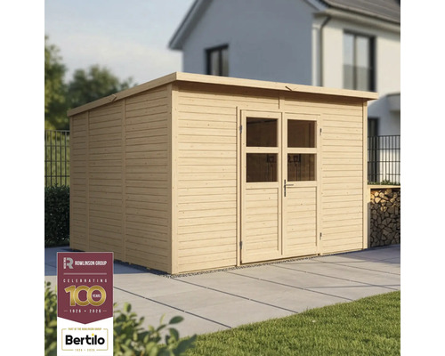Trädgårdsskjul KONSTA Baltrum 2 med golv 9,7m² 337x289cm natur Trädgårdshus i trä med dubbeldörr och platt tak