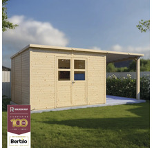 Trädgårdshus i trä med dubbeldörr och tak