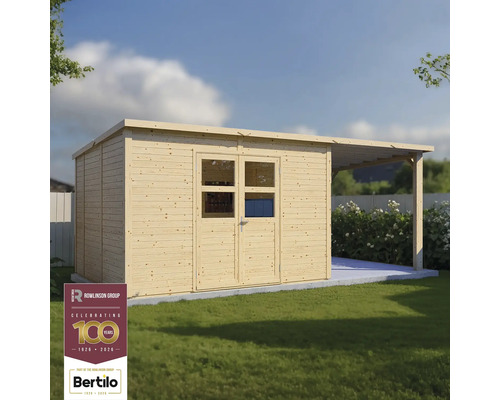 Trädgårdshus i trä med dubbeldörr och tak