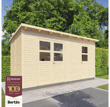 Trädgårdsskjul i trä med fönster och dörrar framför träd och Rowlinson Group Logo