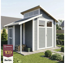 Trädgårdshus med dubbeldörr, fönster och vedförvaring under taket