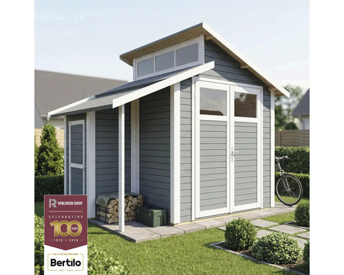 Trädgårdshus med dubbeldörr, fönster och vedförvaring under taket