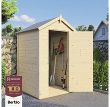 Trädgårdsskjul i trä med öppna dörrar och trädgårdsredskap inuti