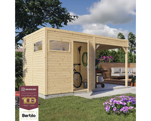 Trädgårdsskjul med tak för förvaring av trädgårdsredskap och cyklar