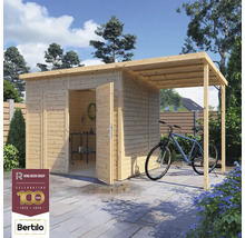 Trädgårdshus i trä med öppna dörrar och tak för en cykel