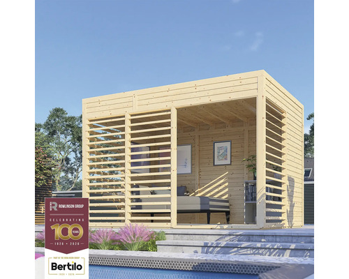 Trädgårdshus i trä med lamellväggar och inredning