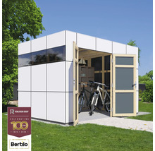 Modernt trädgårdsskjul med cyklar och hyllor