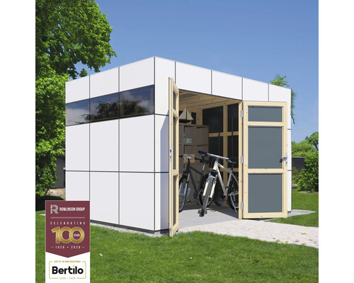 Modernt trädgårdsskjul med cyklar och hyllor