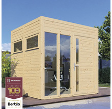Trädgårdskontor i trä med fönster och dörr, plus Rowlinson Group-logotyp och Bertilo-logotyp.