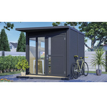 Modern trädgårdshus med fönster, dörr och cykel på sidan