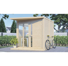 Trädgårdshus i trä med cykel i trädgården