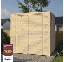 Trädgårdshus i trä med dubbeldörr utomhus