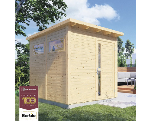 Trädgårdshus i trä med fönster och dörr