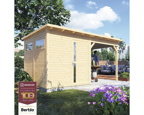 Trädgårdshus i trä med veranda och Rowlinson Group-logotyp