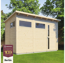 Trädgårdsskjul i trä med fönster och en dörr