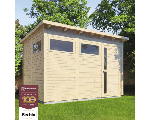 Trädgårdsskjul i trä med fönster och en dörr