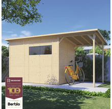 Trädgårdshus i trä med tak och cykel