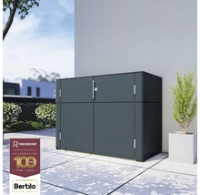 Mörkgrått förvaringsskåp med två dörrar för utomhusbruk på en terrass, med Rowlinson Group logotyp