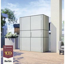 Utomhusbild av ett trädgårdsskåp med flera fack på en terrass. Rowlinson Group Logo