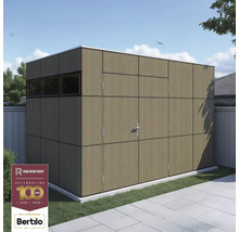 Trädgårdshus med fönster och dubbeldörr i en trädgård