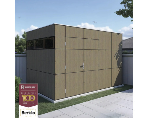 Trädgårdshus med fönster och dubbeldörr i en trädgård