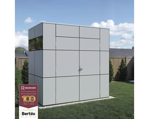 Trädgårdsskjul BERTILO Trespa HPL Design Mini 231x165cm ljusgrå Modern trädgårdsskjul med fönster och dubbeldörr