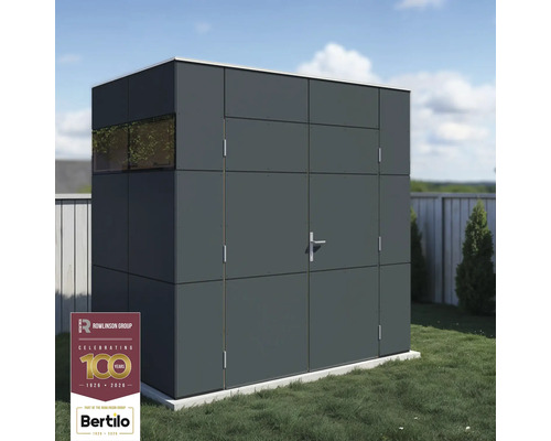 Trädgårdsskjul BERTILO Trespa HPL Design Mini 231x165cm antracit Grått trädgårdsskjul med fönster och dörr i trädgården