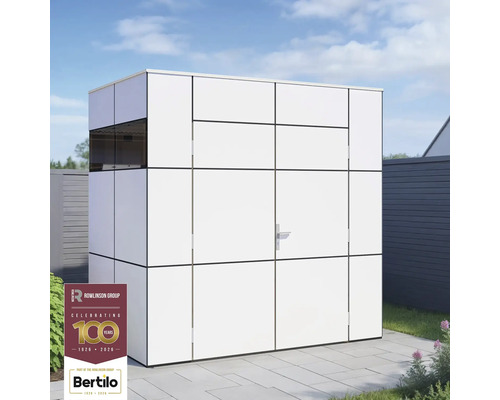 Trädgårdsskjul BERTILO Trespa HPL Design Mini 231x165cm vit Vitt redskapsbod med dörr i trädgården