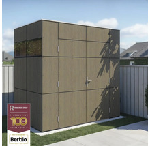 Trädgårdsskåp av trä med fönster och dörr på en gräsmatta