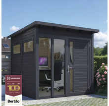 Modern trädgårdshus med glasfront och kontorsinredning.