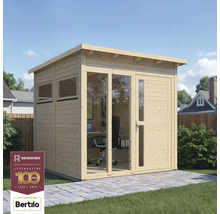 Trädgårdskontor i trä med fönster och dörr på en terrass