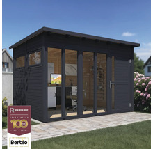 Modernt trädgårdskontor med träpanel, stora glasfönster och kontorsmöbler