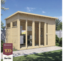 Trädgårdshus i trä med fönster och glasdörrar samt Rowlinson Group Logo