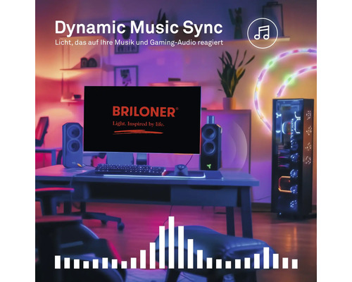 Gaming-setup med skrivbord, bildskärm, högtalare och datorchassi, belyst av LED-lister med musiksynkronisering. Briloner Logo.