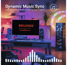 Gaming-setup med skrivbord, bildskärm, högtalare och datorchassi, belyst av LED-lister med musiksynkronisering. Briloner Logo.