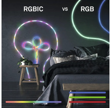 Jämförelse av RGBIC och RGB LED-remsor i ett sovrum. RGBIC visar flera segment samtidigt, medan RGB visar ett segment åt gången.