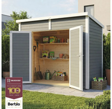 Trädgårdsskjul med öppna dörrar, hyllor och trädgårdsredskap