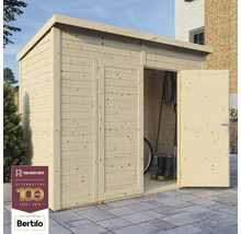 Trädgårdsbod av trä med öppen dörr