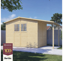 Trädgårdshus i trä med dubbeldörr, fönster och markis